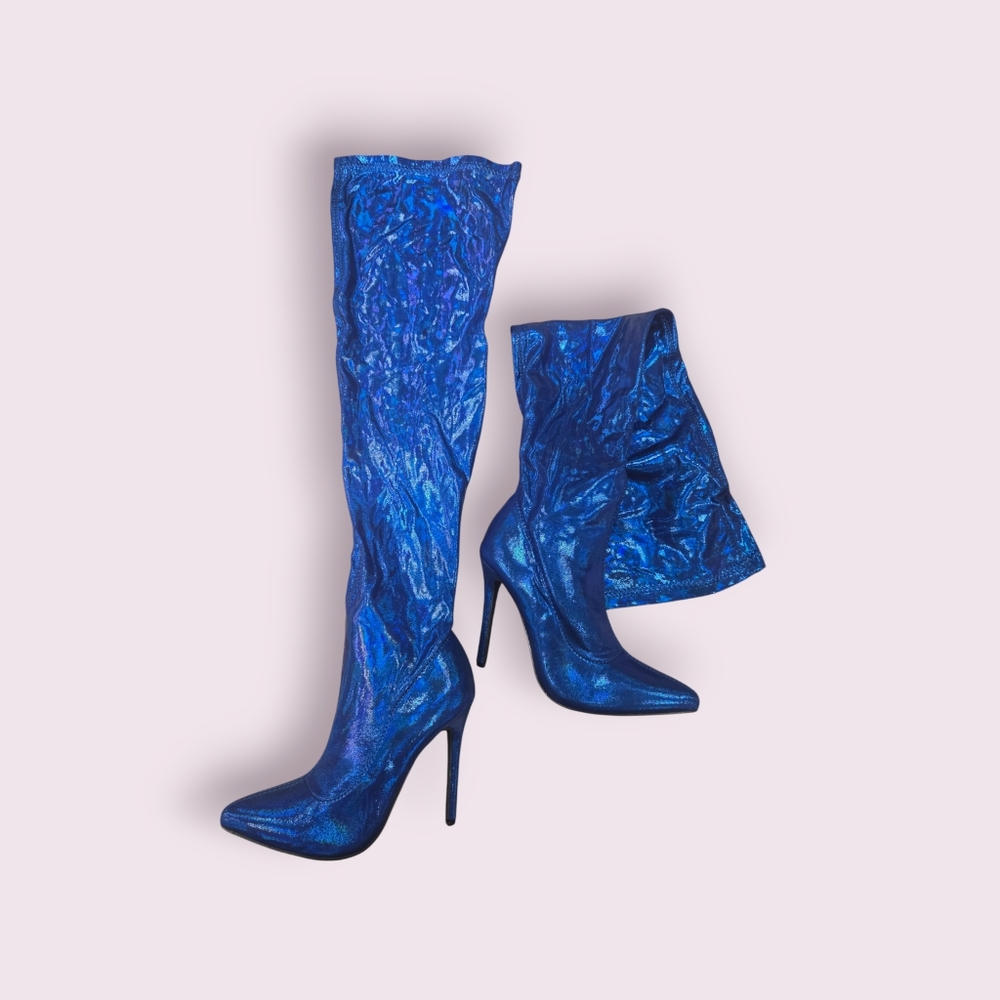 Brand New Dolls Kill Thigh High Boots, size  6, Electric Blue
